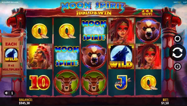 Moon Spirit base game screenshot showing reels and features
