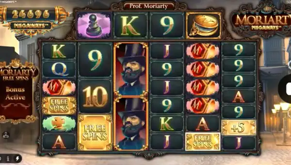 Moriarty Megaways base game screenshot showing reels and features