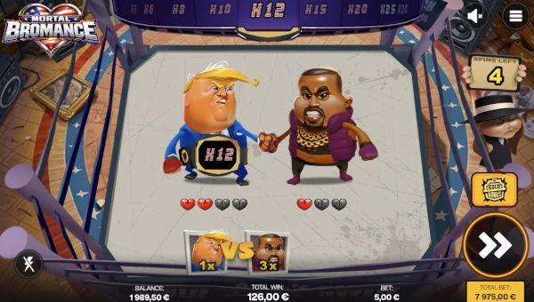 Screenshot of Mortal Bromance slot demo showing reels and bonus game features