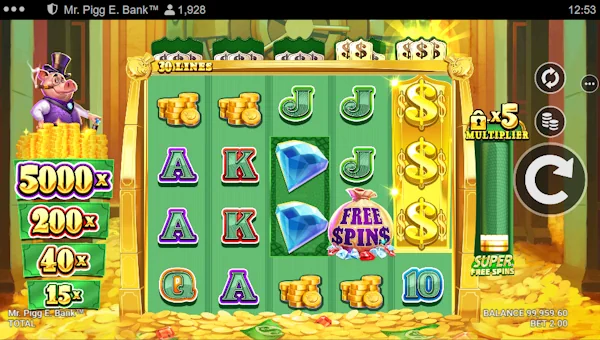 Mr Pigg E Bank base game screenshot showing reels and features