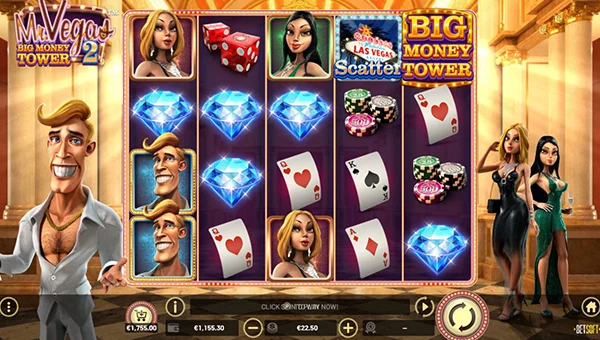 Mr Vegas 2 Big Money Tower base game screenshot showing reels and features