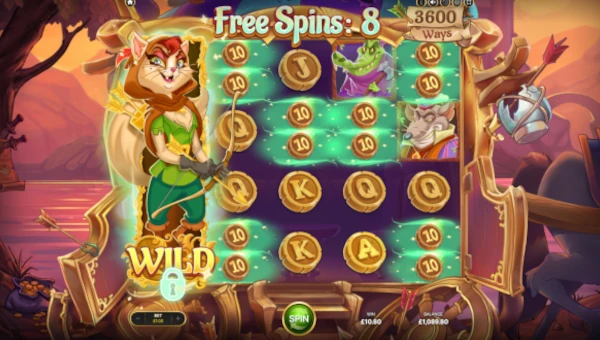 Screenshot of Ms Robin Hood slot demo showing reels and bonus game features