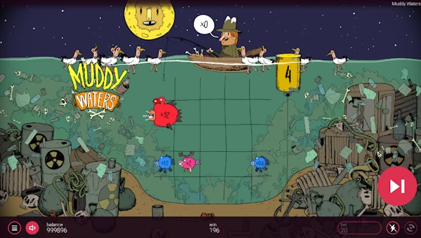 Screenshot of Muddy Waters slot demo showing reels and bonus game features