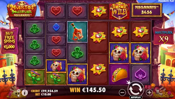 Muertos Multiplier Megaways base game screenshot showing reels and features