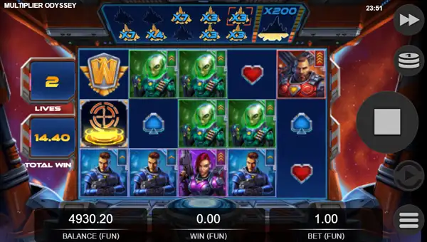 Multiplier Odyssey base game screenshot showing reels and features
