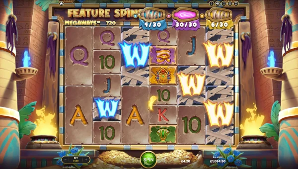Mummy Megaways base game screenshot showing reels and features