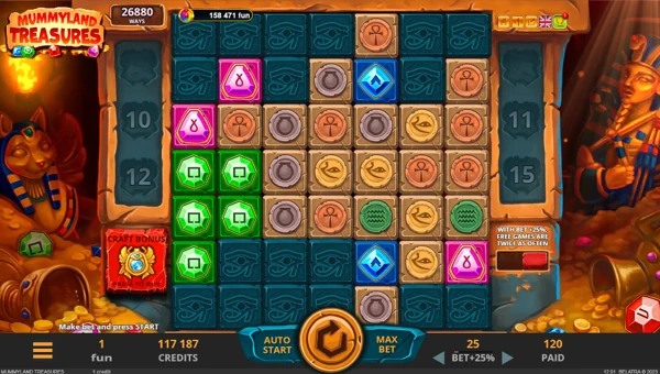 Mummyland Treasures base game screenshot showing reels and features