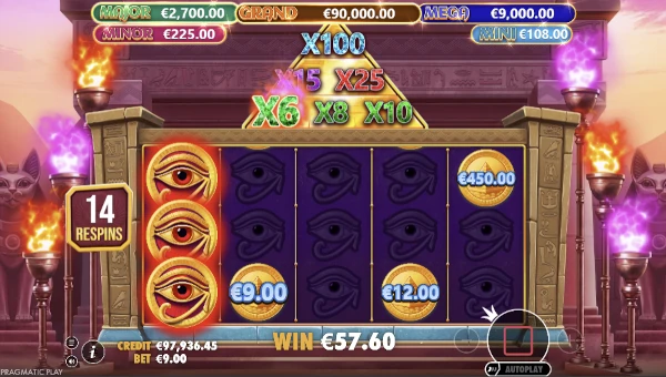 Screenshot of Mummys Jewels 100 slot demo showing reels and bonus game features