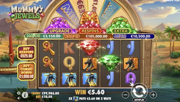 Mummys Jewels base game screenshot showing reels and features