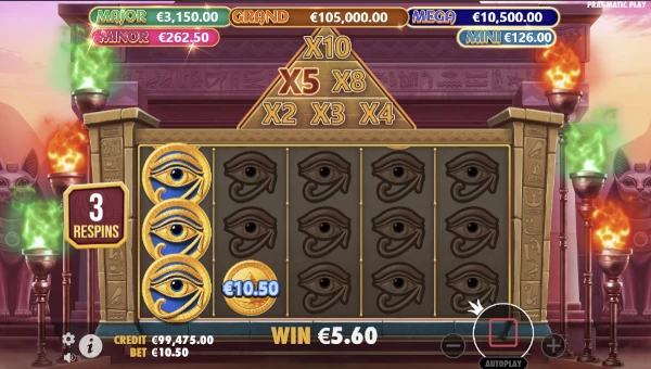Screenshot of Mummys Jewels slot demo showing reels and bonus game features