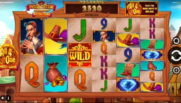 Musketeer Megaways base game screenshot showing reels and features