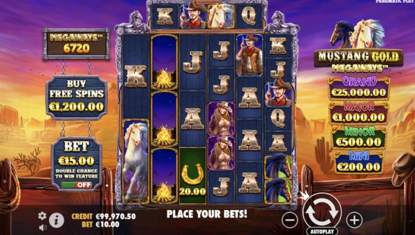 Mustang Gold Megaways base game screenshot showing reels and features