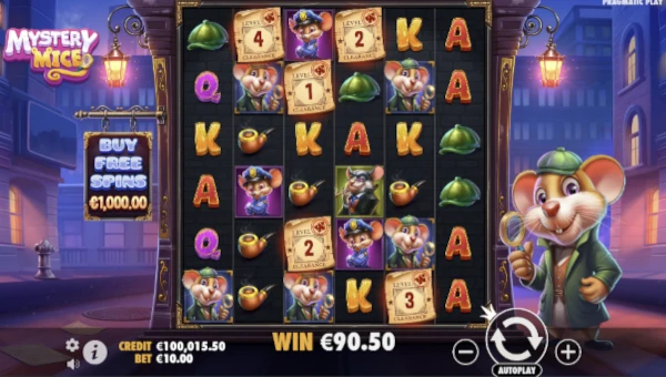 Mystery Mice base game screenshot showing reels and features