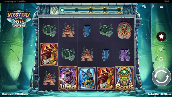 Mystery of the Nile base game screenshot showing reels and features