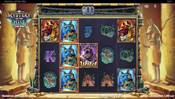 Screenshot of Mystery of the Nile slot demo showing reels and bonus game features