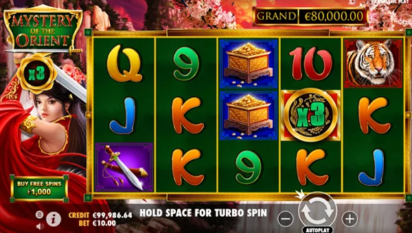 Mystery of the Orient base game screenshot showing reels and features
