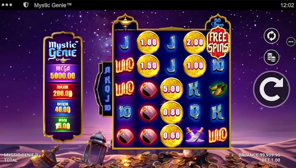 Mystic Genie base game screenshot showing reels and features