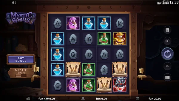Mystic Spells base game screenshot showing reels and features