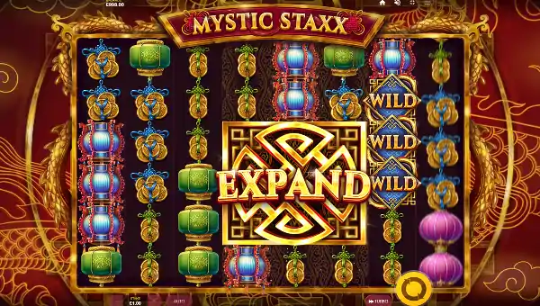 Mystic Staxx base game screenshot showing reels and features