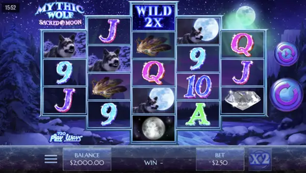 Mystic Wolf Sacred Moon base game screenshot showing reels and features