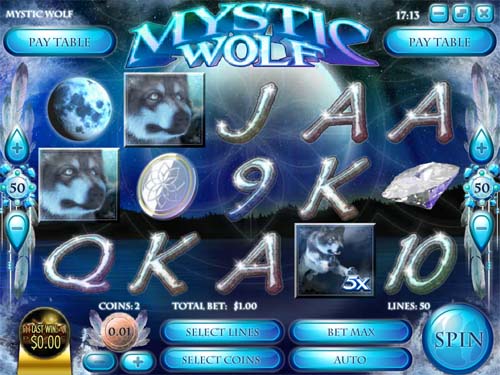 Mystic Wolf base game screenshot showing reels and features
