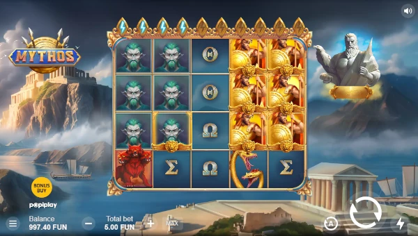 Mythos base game screenshot showing reels and features