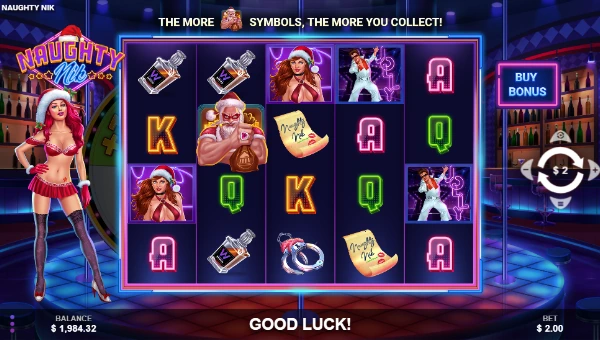 Naughty Nik base game screenshot showing reels and features