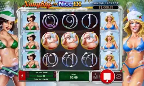 Naughty Or Nice 3 base game screenshot showing reels and features