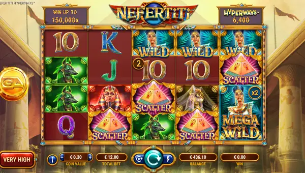 Nefertiti Hyperways base game screenshot showing reels and features