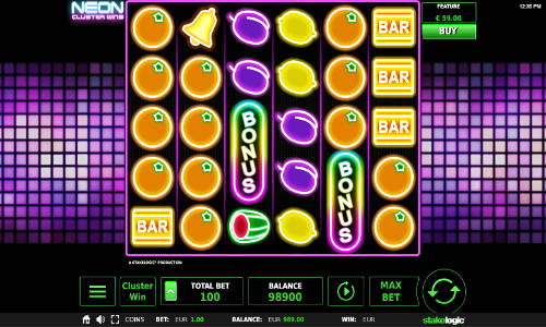 Neon Cluster Wins base game screenshot showing reels and features