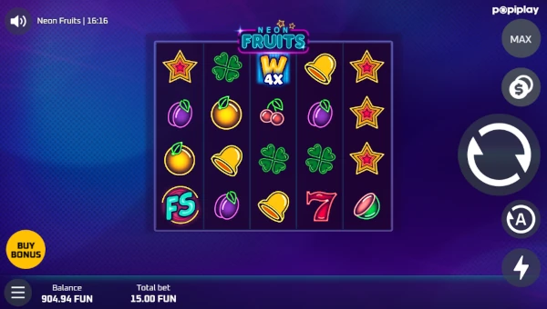 Neon Fruits base game screenshot showing reels and features