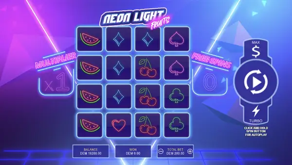 Neon Light Fruits base game screenshot showing reels and features