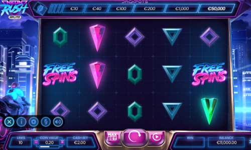 Neon Rush Splitz base game screenshot showing reels and features
