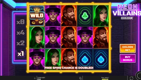 Neon Villains DoubleMax base game screenshot showing reels and features