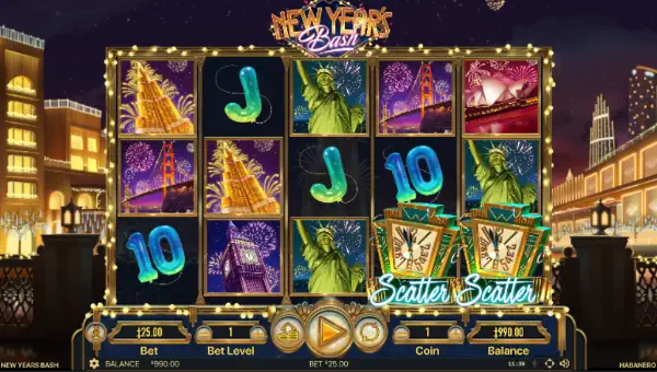New Years Bash base game screenshot showing reels and features