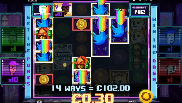 NFT Megaways base game screenshot showing reels and features