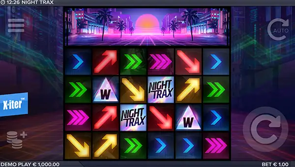Night Trax base game screenshot showing reels and features