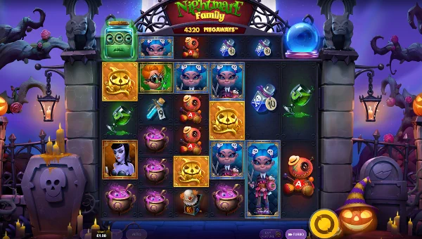 Nightmare Family Megaways base game screenshot showing reels and features