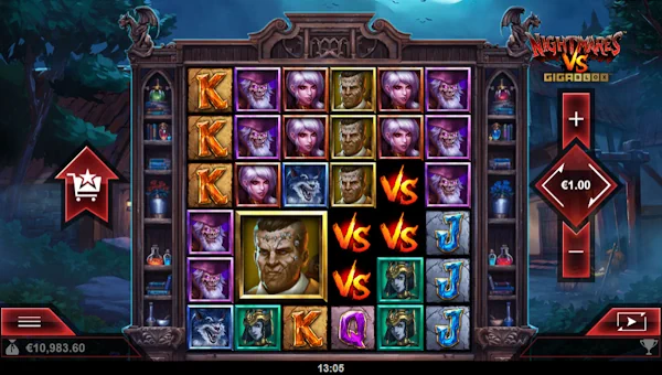 Nightmares VS Gigablox base game screenshot showing reels and features