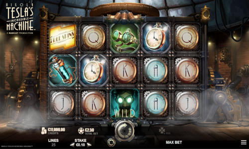 Nikola Teslas Incredible Machine base game screenshot showing reels and features