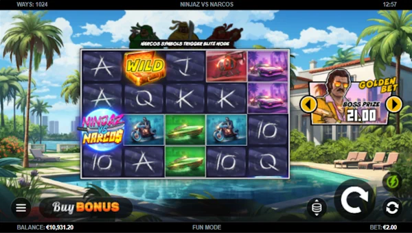 Ninjaz vs Narcos base game screenshot showing reels and features
