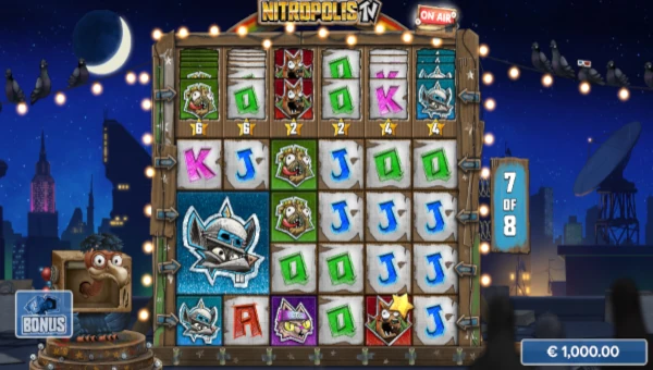 Screenshot of Nitropolis TV slot demo showing reels and bonus game features