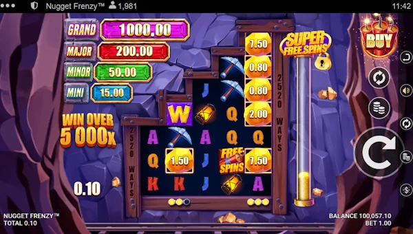 Nugget Frenzy base game screenshot showing reels and features