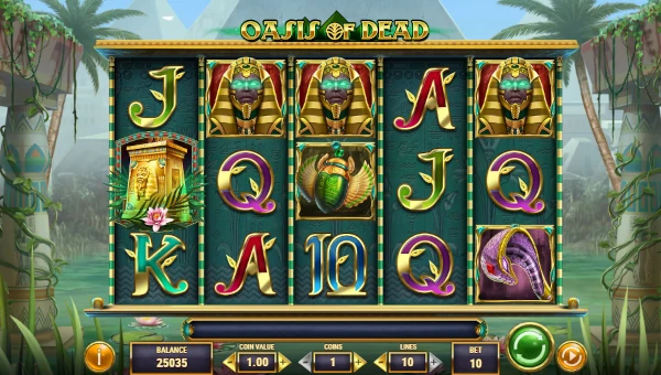 Oasis of Dead base game screenshot showing reels and features