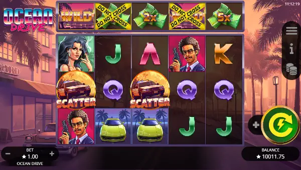 Ocean Drive base game screenshot showing reels and features