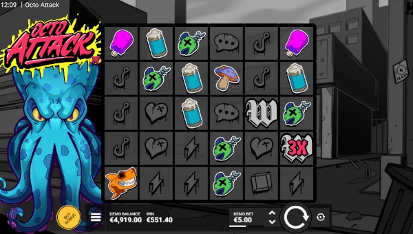 Octo Attack base game screenshot showing reels and features