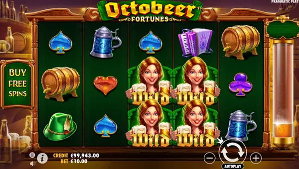 Octobeer Fortunes base game screenshot showing reels and features