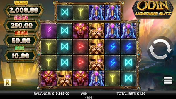 Odin Lightning Blitz base game screenshot showing reels and features