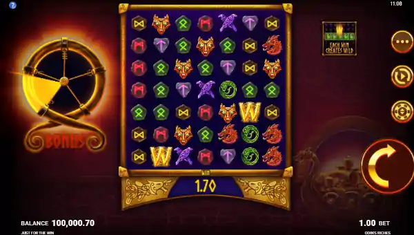 Odins Riches base game screenshot showing reels and features