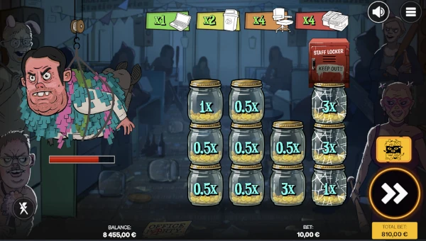 Screenshot of Office Party slot demo showing reels and bonus game features
